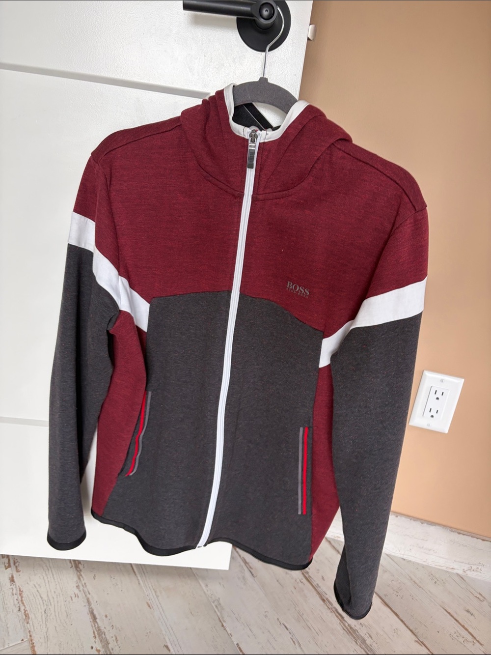 BOSS Colorblock Zip-Up Hoodie - Burgundy, Charcoal & White